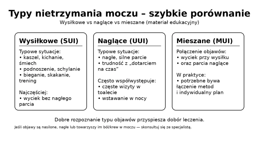 Rodzaje nietrzymania moczu: wysiłkowe, naglące i mieszane